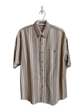 Vintage Riggins Stitched Striped Short-Sleeve Shirt - Beige Large Oversized Fit